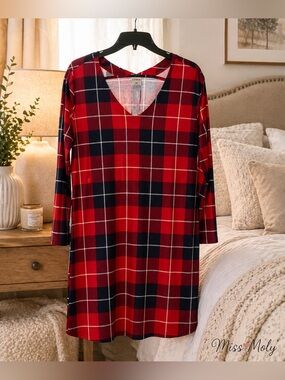 Soma Cool Nights Plaid Sleep Shirt Nightgown Red Navy Soft Stretch XS BNWT